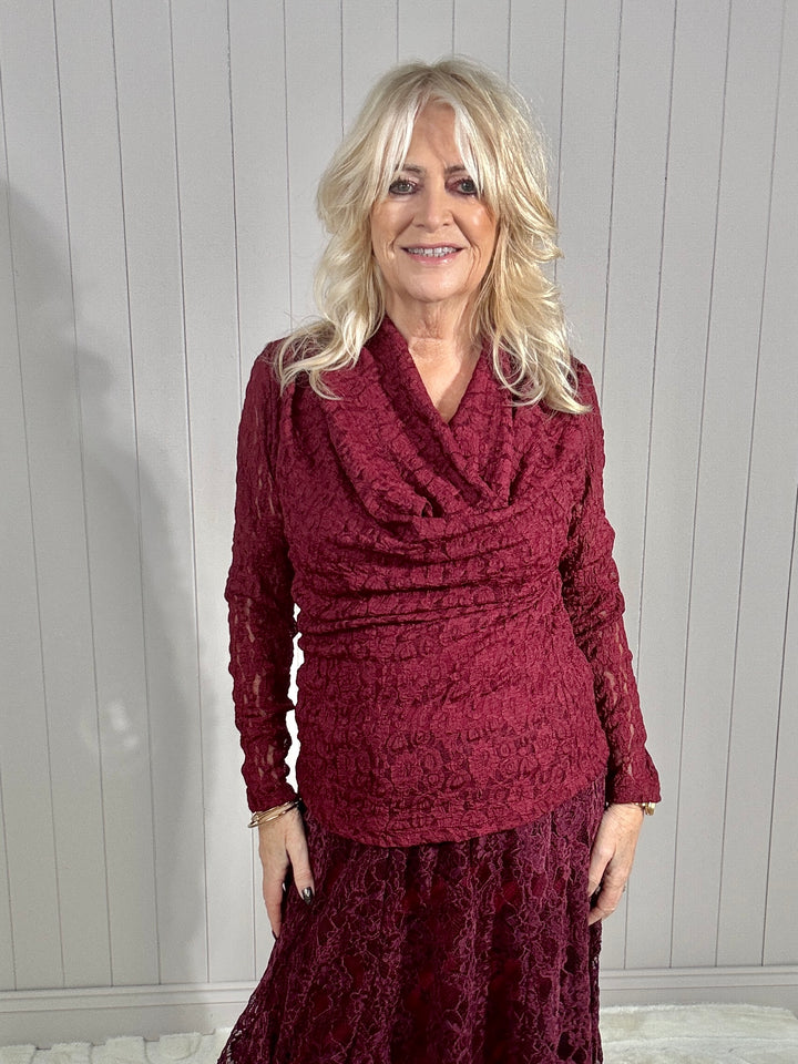 Silvana Lace Cowl Neck Top Burgundy