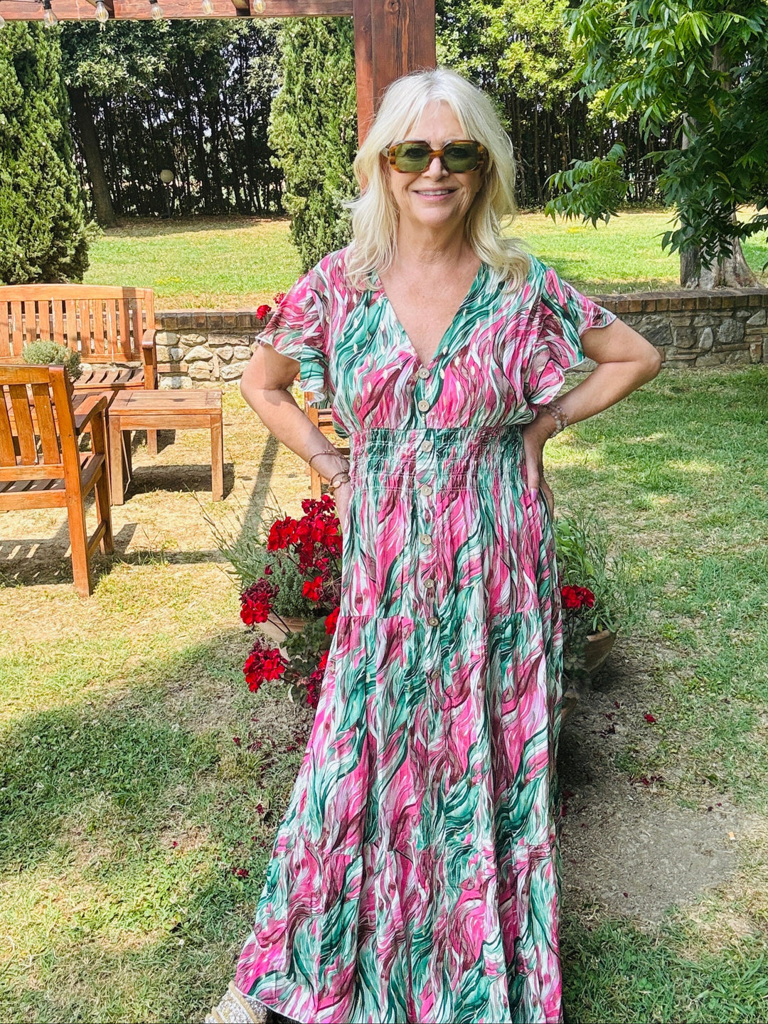 Taliah Gold Fleck Maxi Dress Pink
