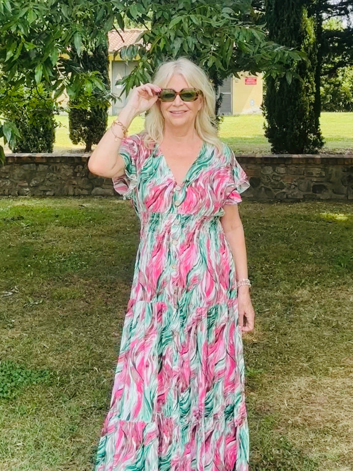 Taliah Gold Fleck Maxi Dress Pink