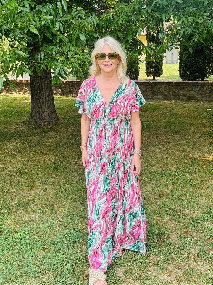 Taliah Gold Fleck Maxi Dress Pink