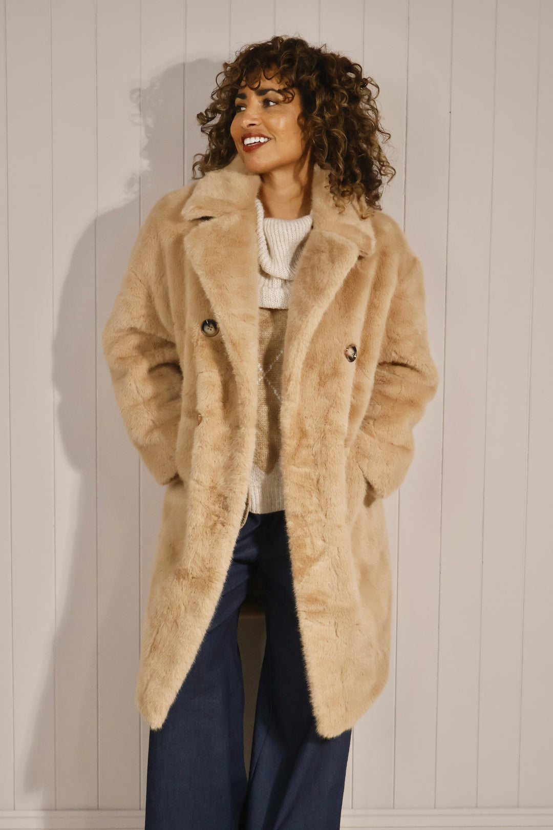 Agatha Faux Fur Coat Camel