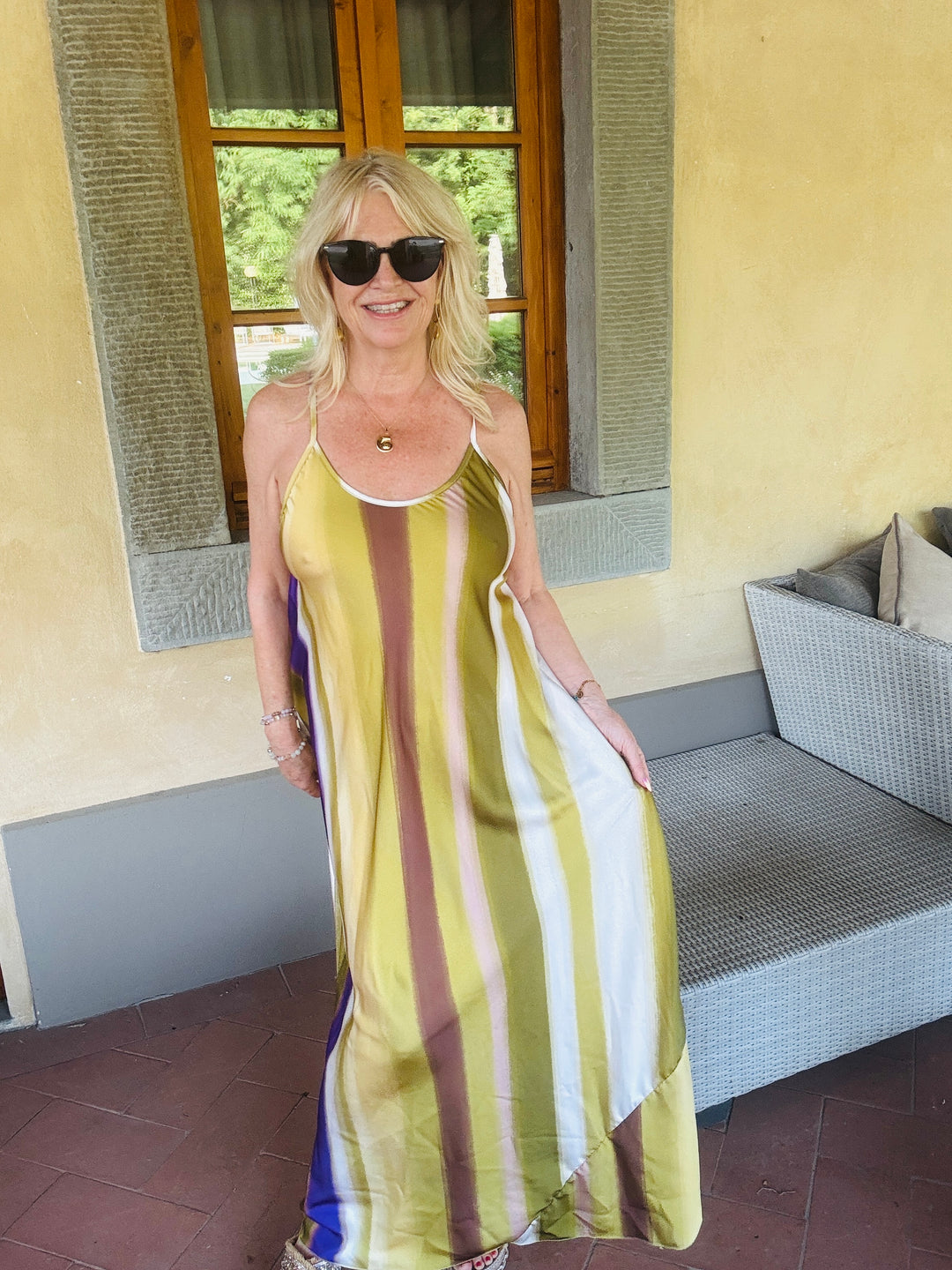Satin Stripe Maxi Dress Lime