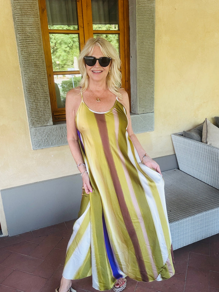 Satin Stripe Maxi Dress Lime
