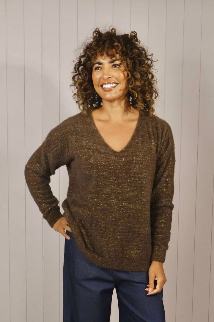 Venezia V Neck Lurex Jumper Chocolate