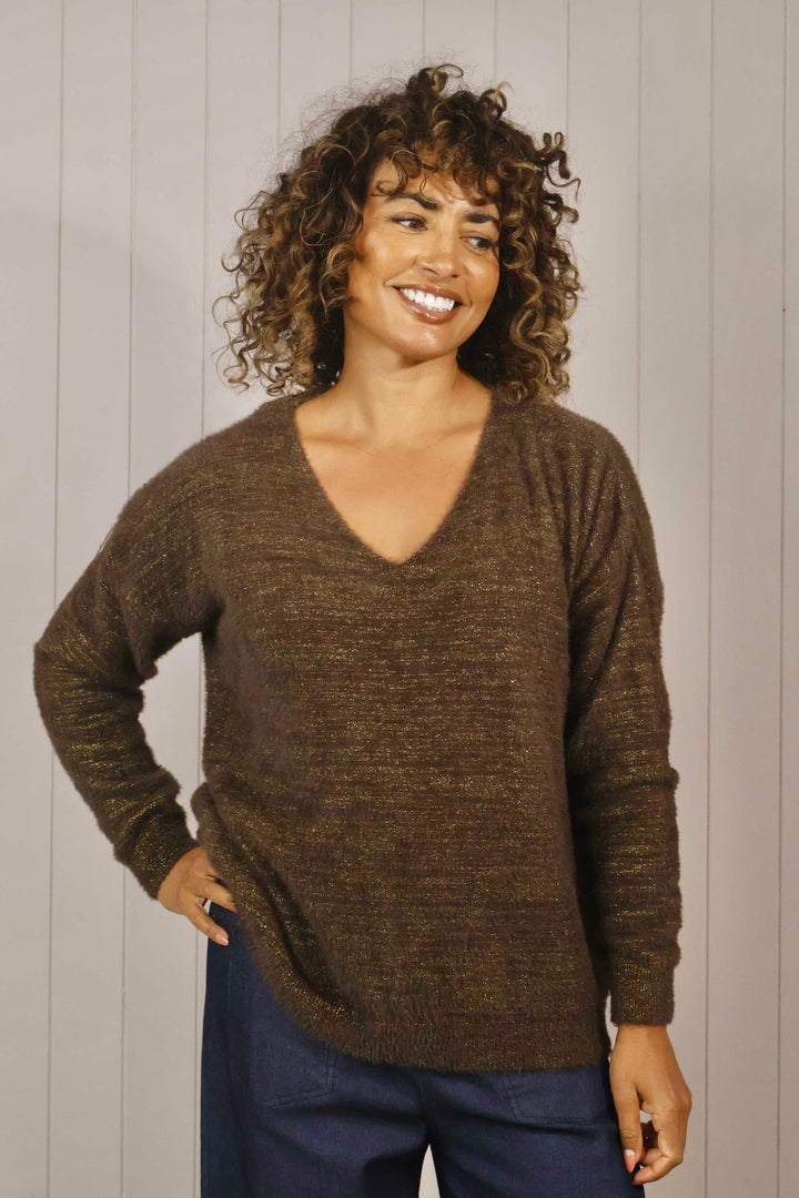 Venezia V Neck Lurex Jumper Chocolate