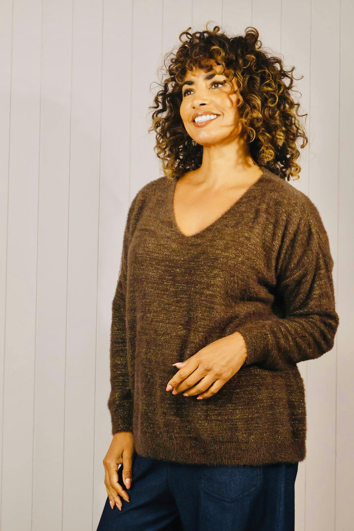 Venezia V Neck Lurex Jumper Chocolate