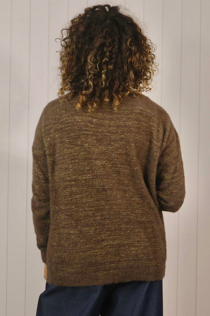 Venezia V Neck Lurex Jumper Chocolate