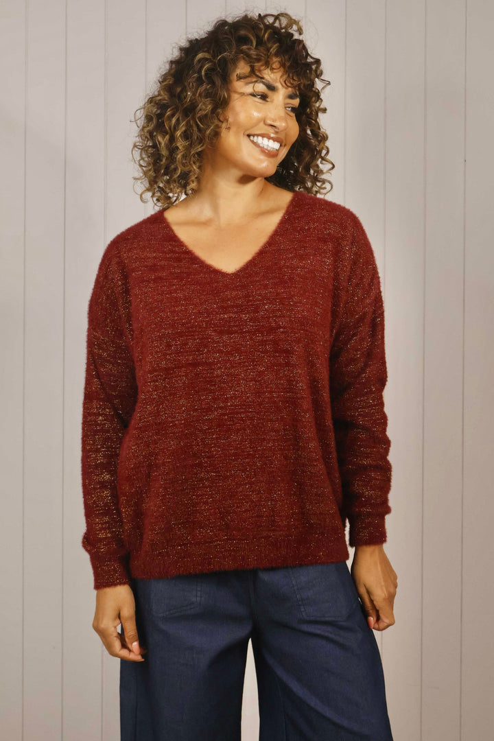 Venezia V Neck Lurex Jumper Wine