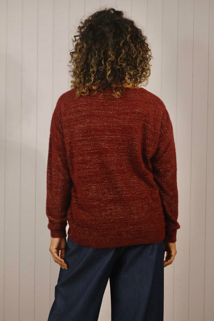 Venezia V Neck Lurex Jumper Wine