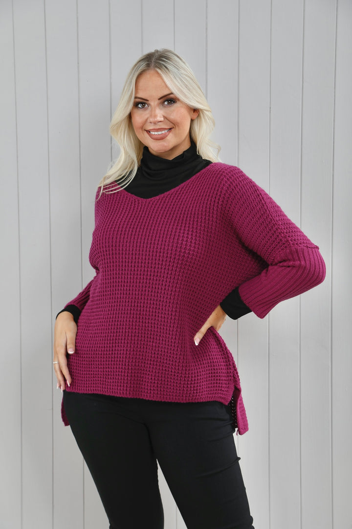 V-Neck Cable Knit Jumper Magenta