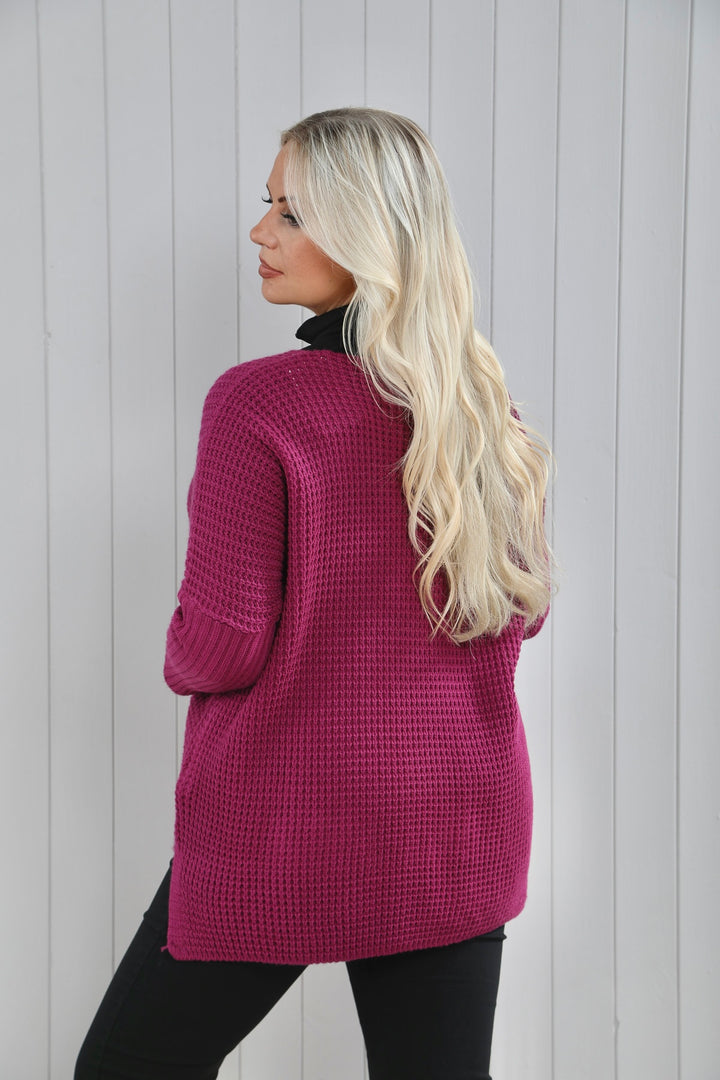 V-Neck Cable Knit Jumper Magenta