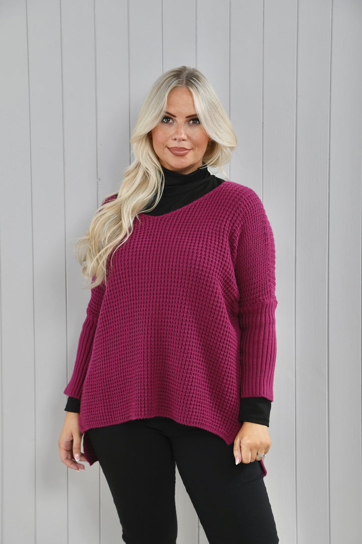 V-Neck Cable Knit Jumper Magenta