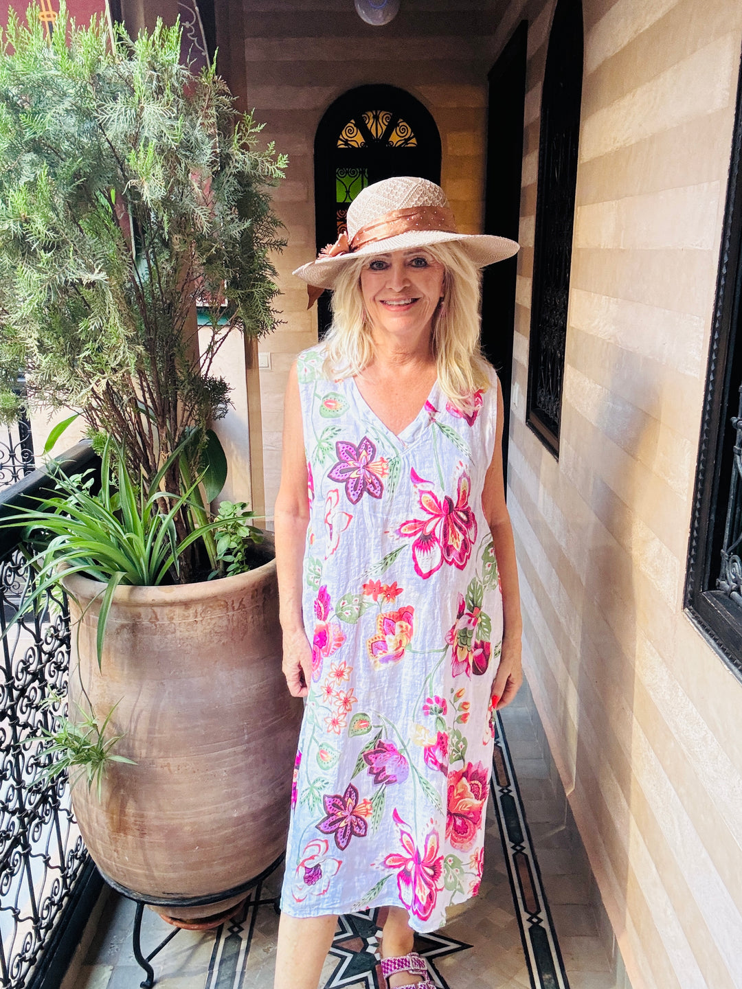Linen Flower Tunic Dress White