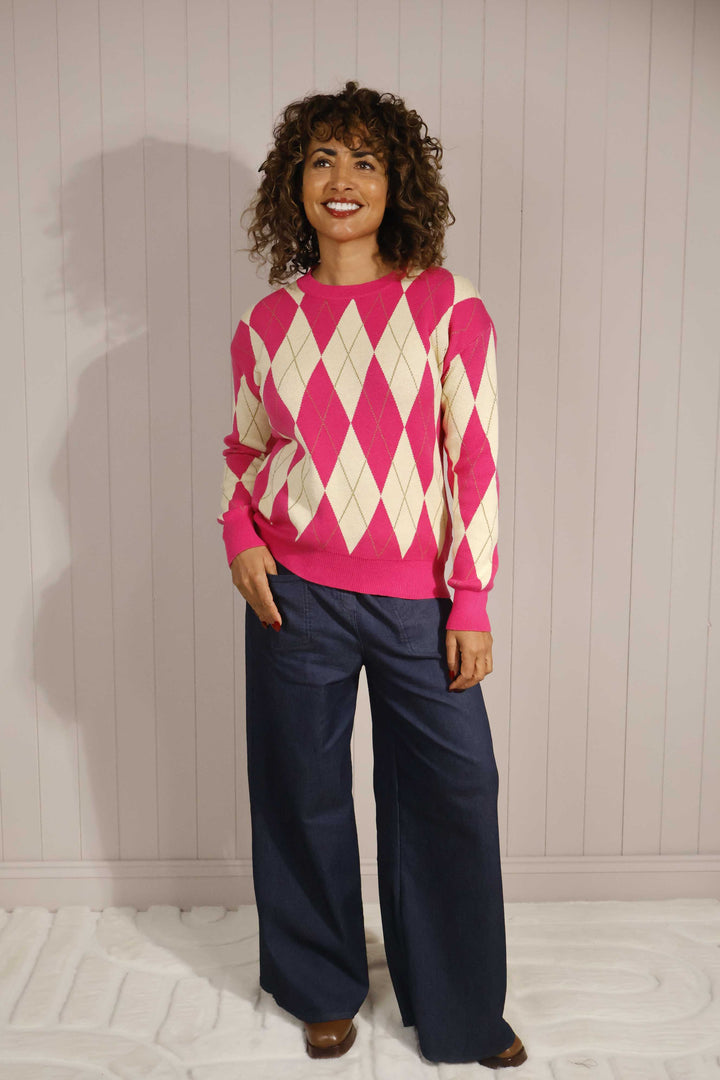 Azura Argyle V Neck Jumper Pink