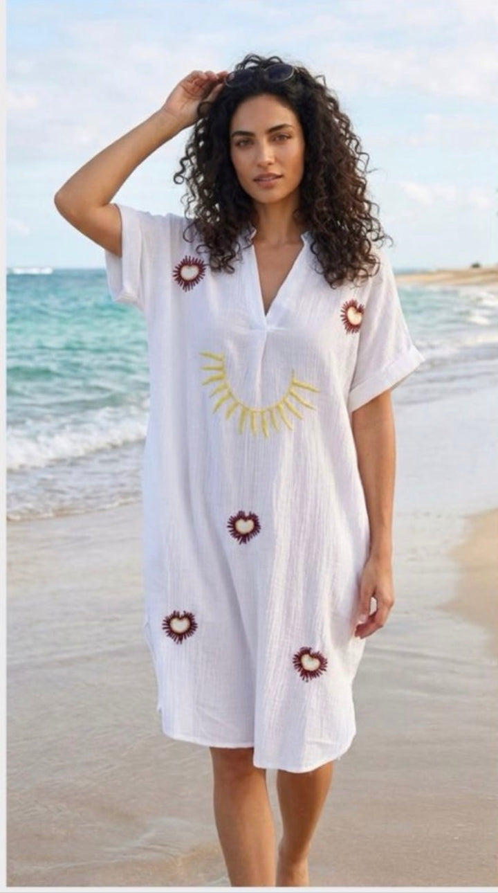 Khadiza Embroidered Kaftan Dress Cream