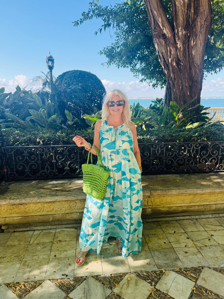 Eva Abstract Fish Print Dress Aqua