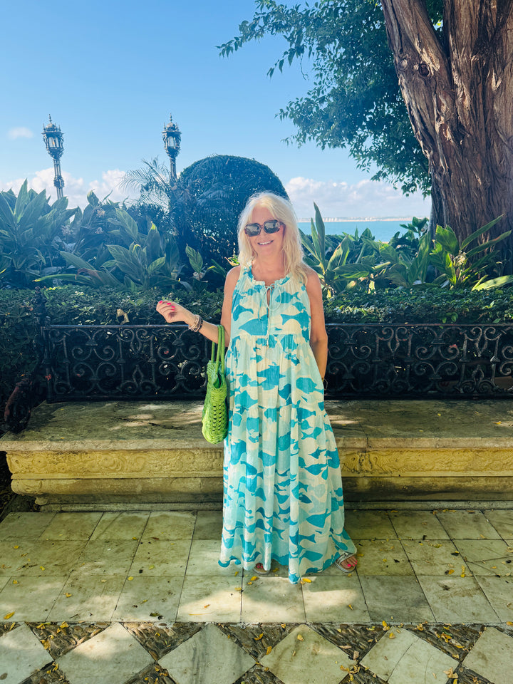 Eva Abstract Fish Print Dress Aqua