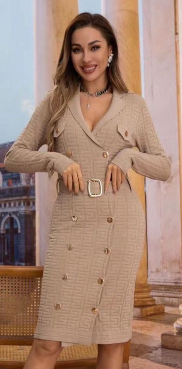 Moxie Belted button dress Biscuit