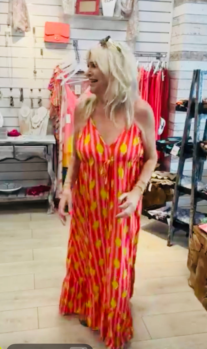 Lemon Print Striped Maxi Dress Pink