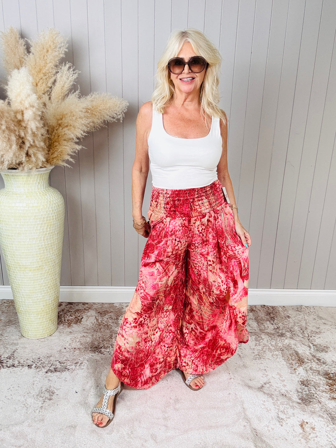 Silky Panel Split Trousers Coral