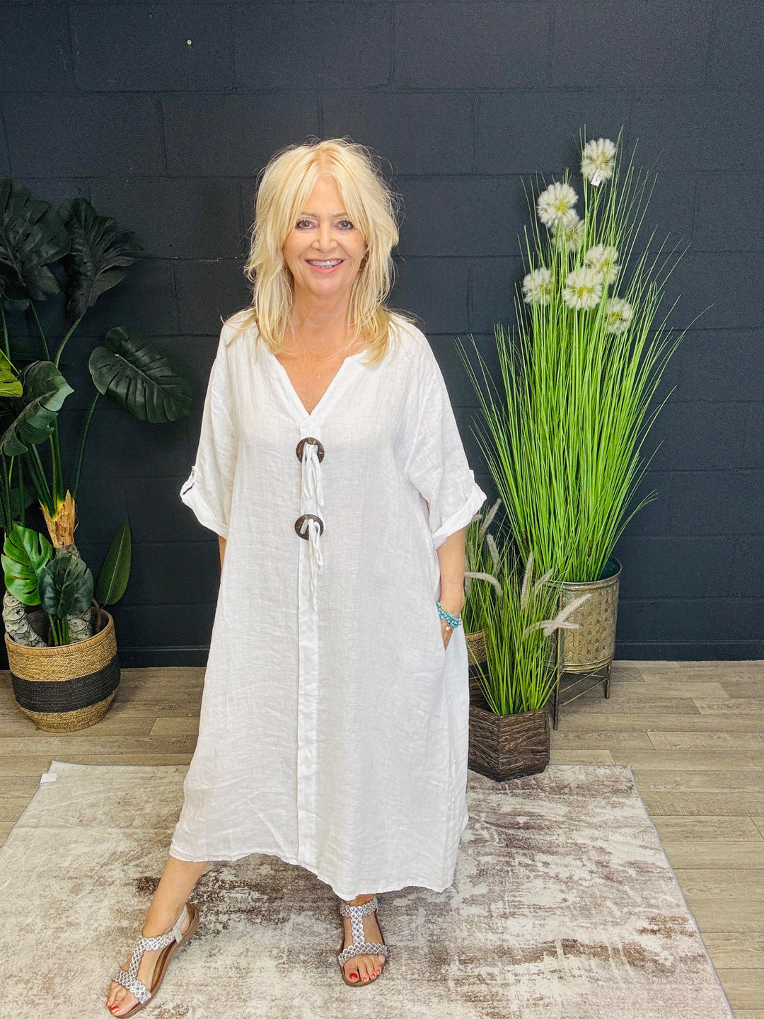 Coconut Button Linen Dress White