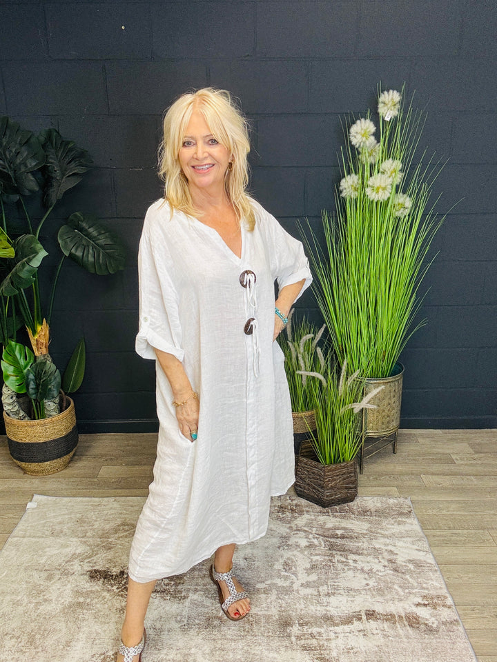 Coconut Button Linen Dress White