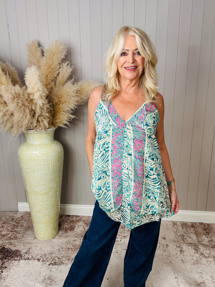 Madeline Print Tunic Top Turq/pink