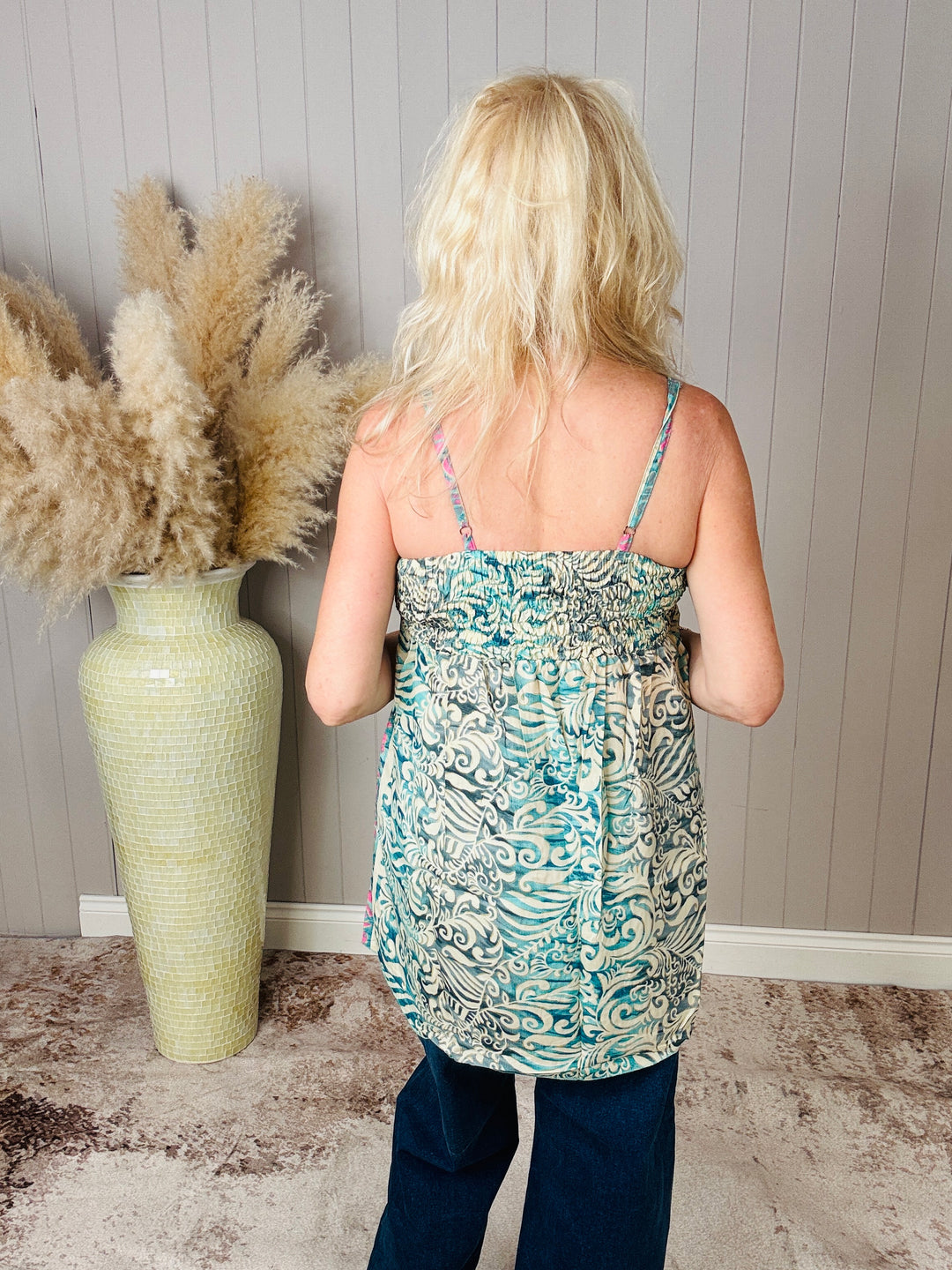 Madeline Print Tunic Top Turq/pink