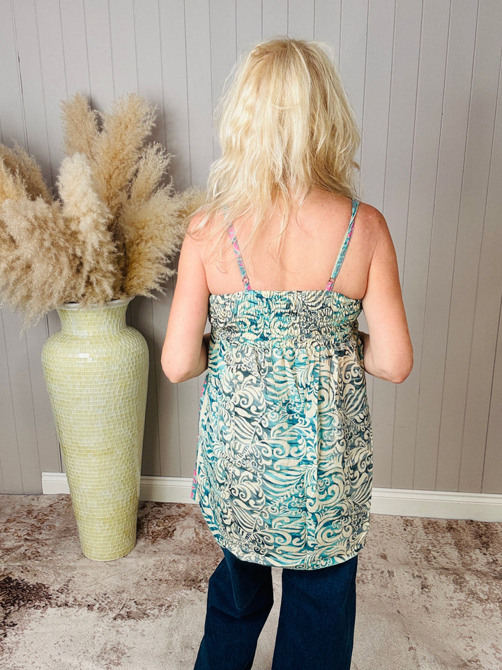 Madeline Print Tunic Top Turq/pink
