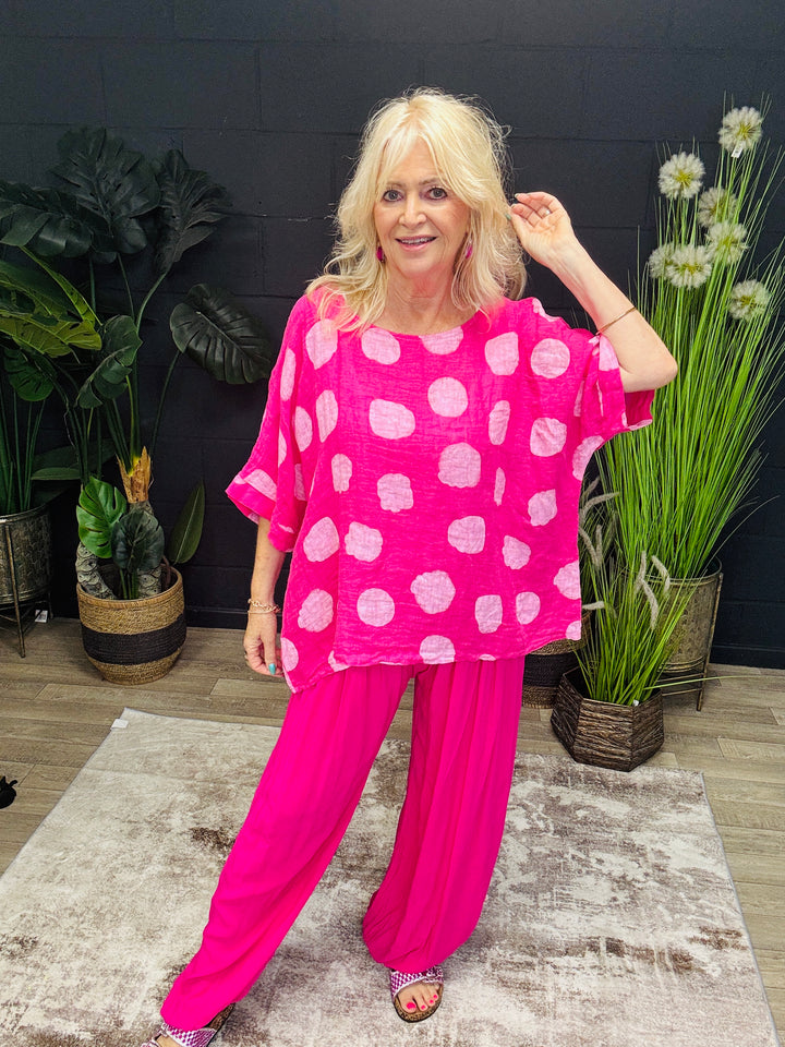 Linen Polka Dot Top Fuchsia