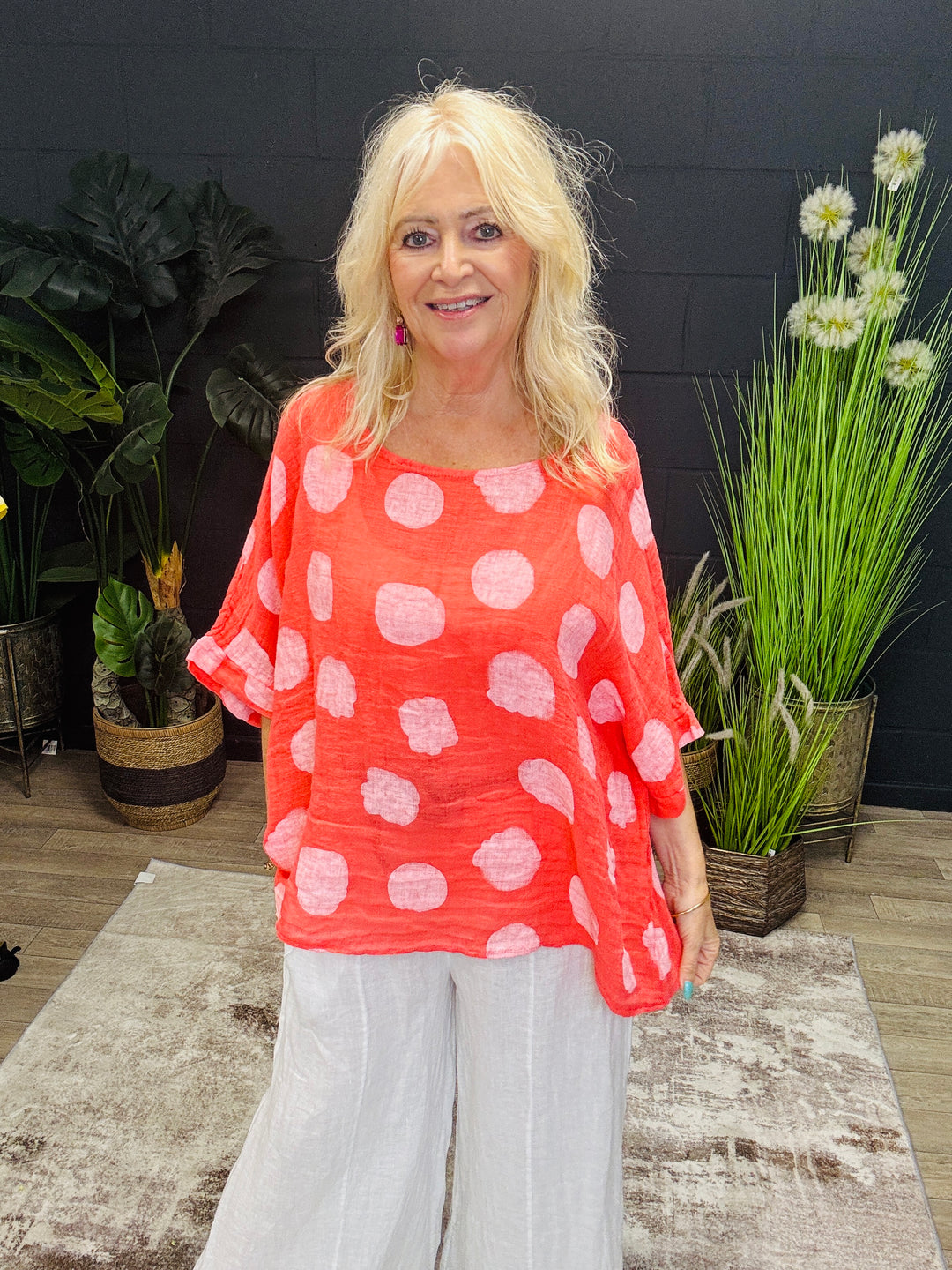 Linen Polka Dot Top Coral