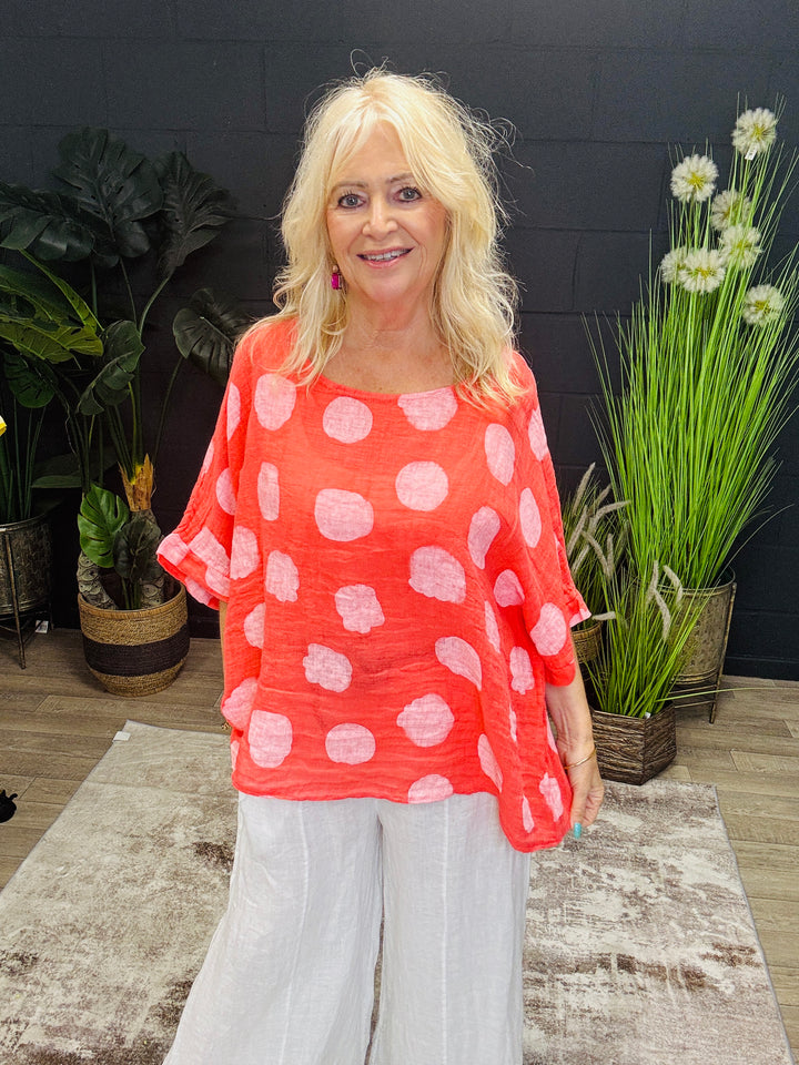 Linen Polka Dot Top Coral