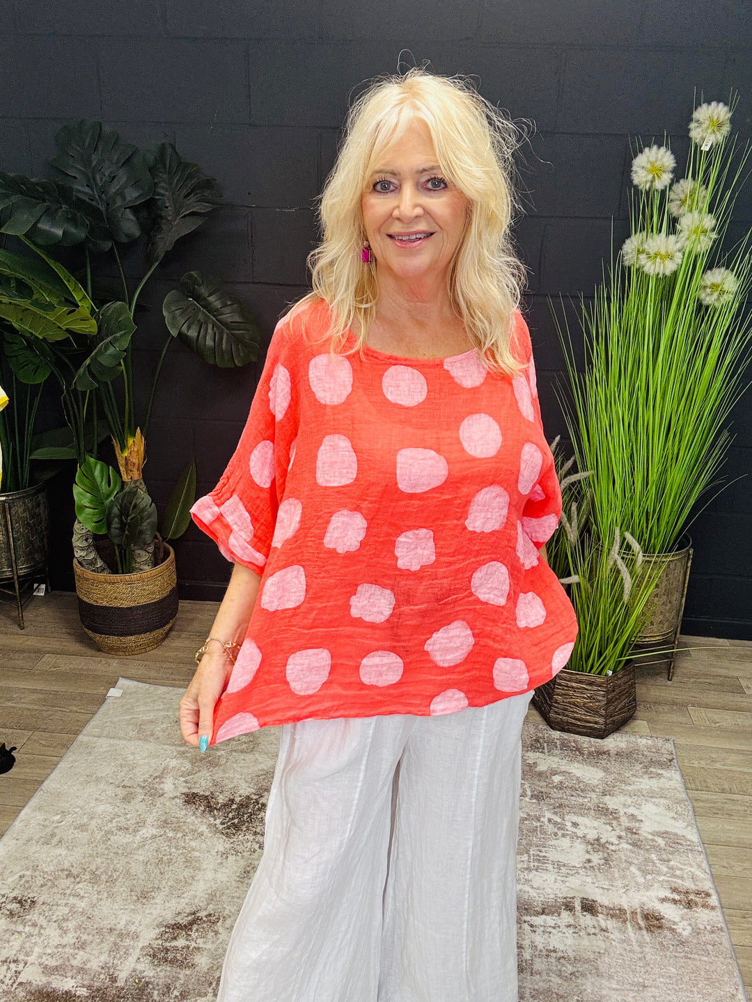 Linen Polka Dot Top Coral