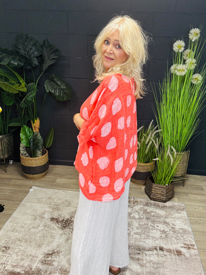 Linen Polka Dot Top Coral