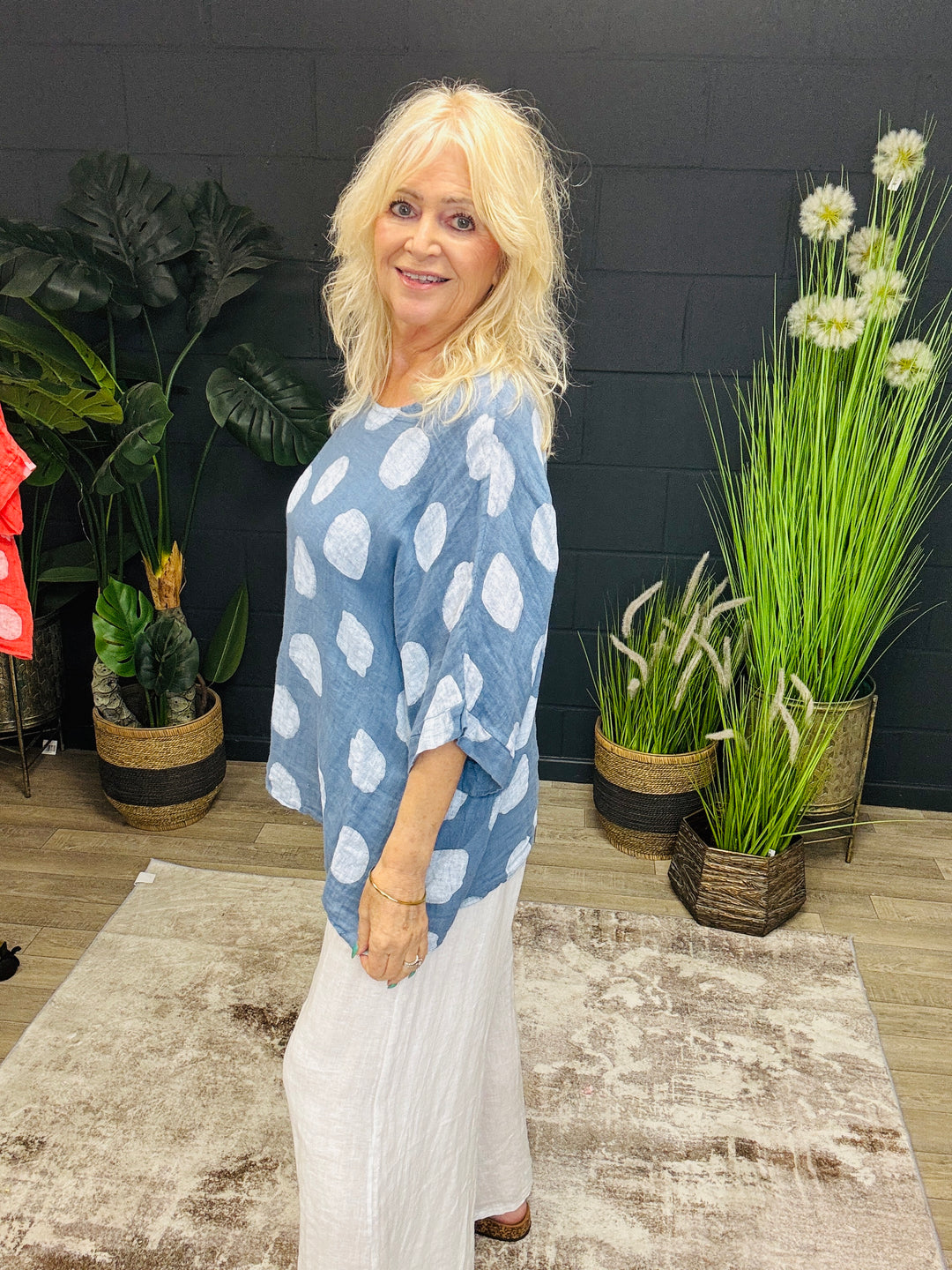 Linen Polka Dot Top Blue