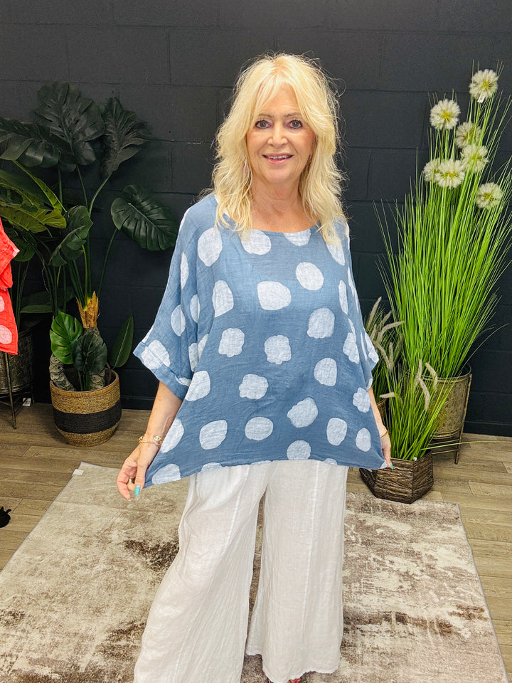 Linen Polka Dot Top Blue