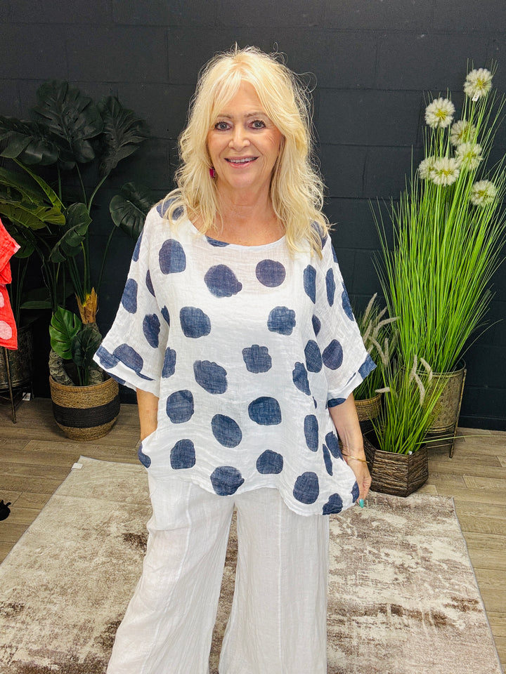 Linen Polka Dot Top White