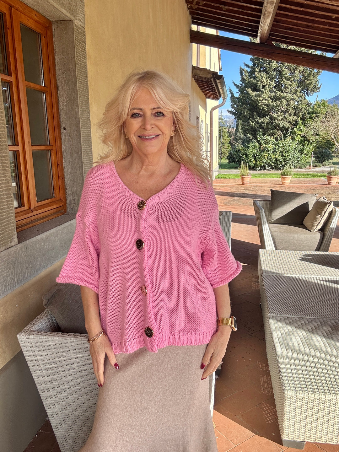 Pierina Gold Button Cardigan Pink