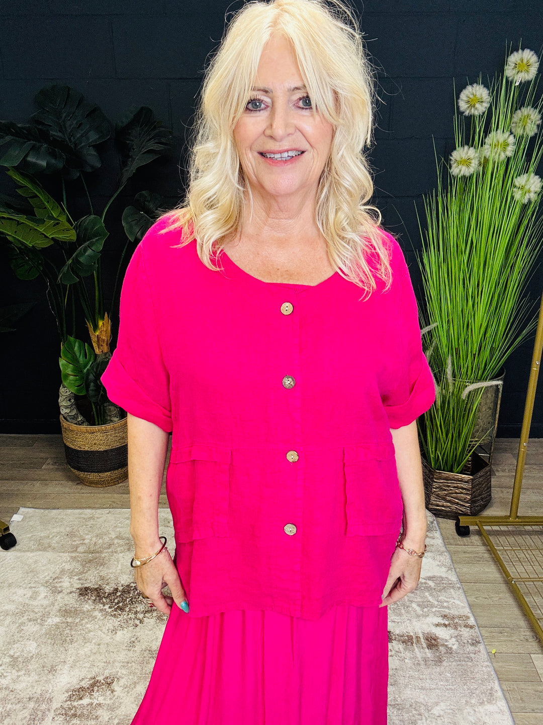 Short Sleeve Linen Jacket Fuchsia