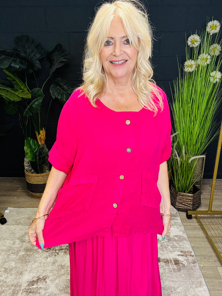 Short Sleeve Linen Jacket Fuchsia