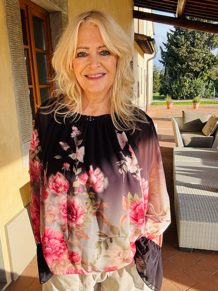 Caterina Floral Shirred Top Black