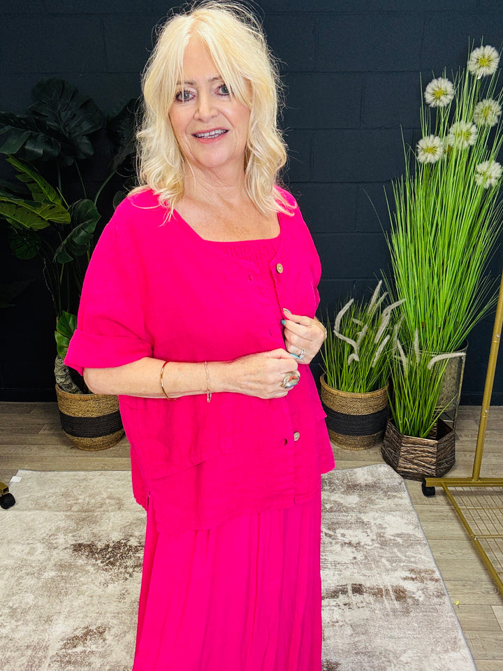 Short Sleeve Linen Jacket Fuchsia