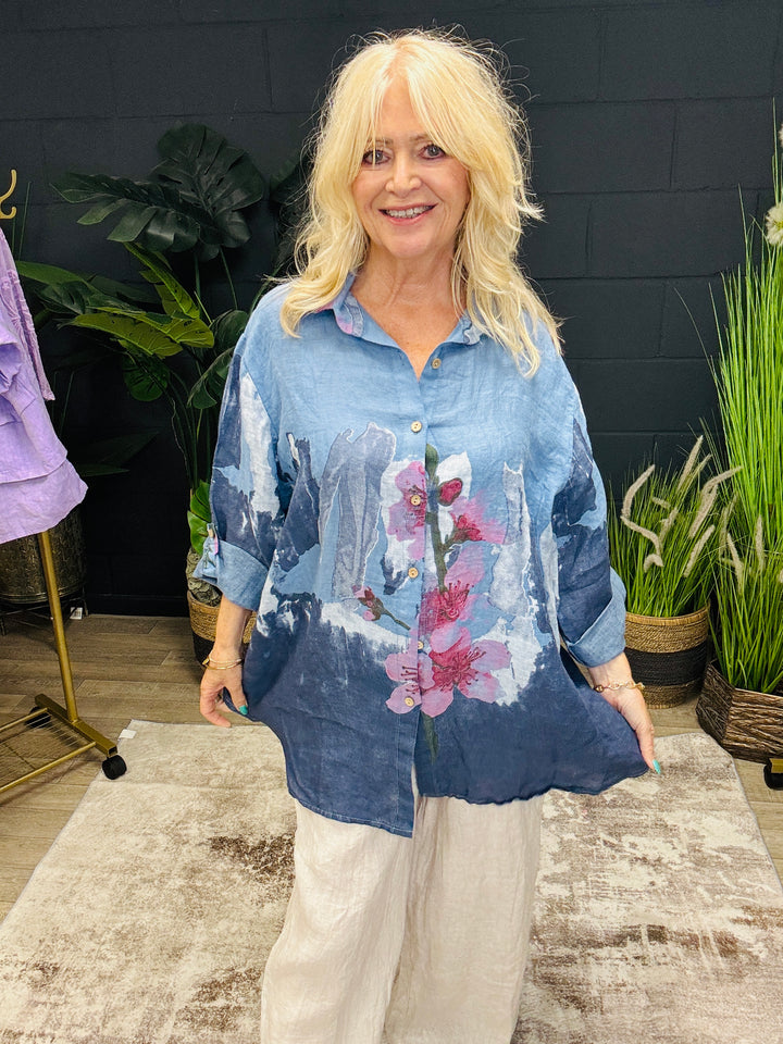 Linen Floral Shirt Blue