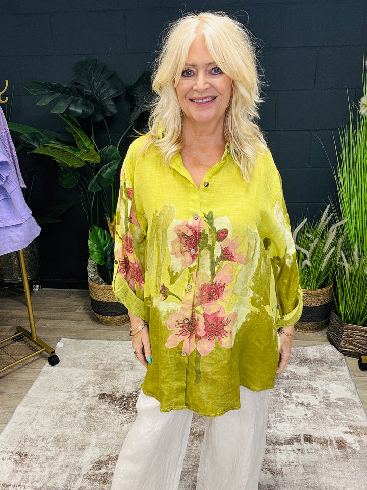 Linen Floral Button Shirt Lime