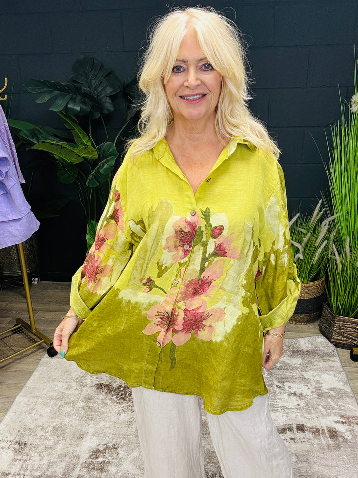 Linen Floral Button Shirt Lime