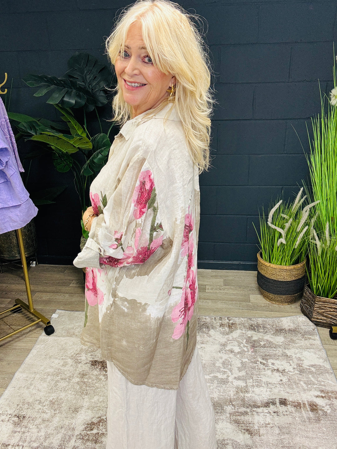 Linen floral button shirt Beige
