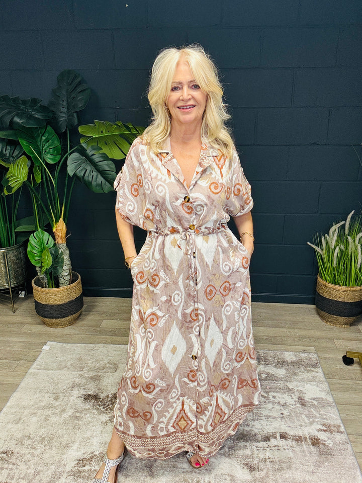 Printed Maxi Shirt Dress Mocha