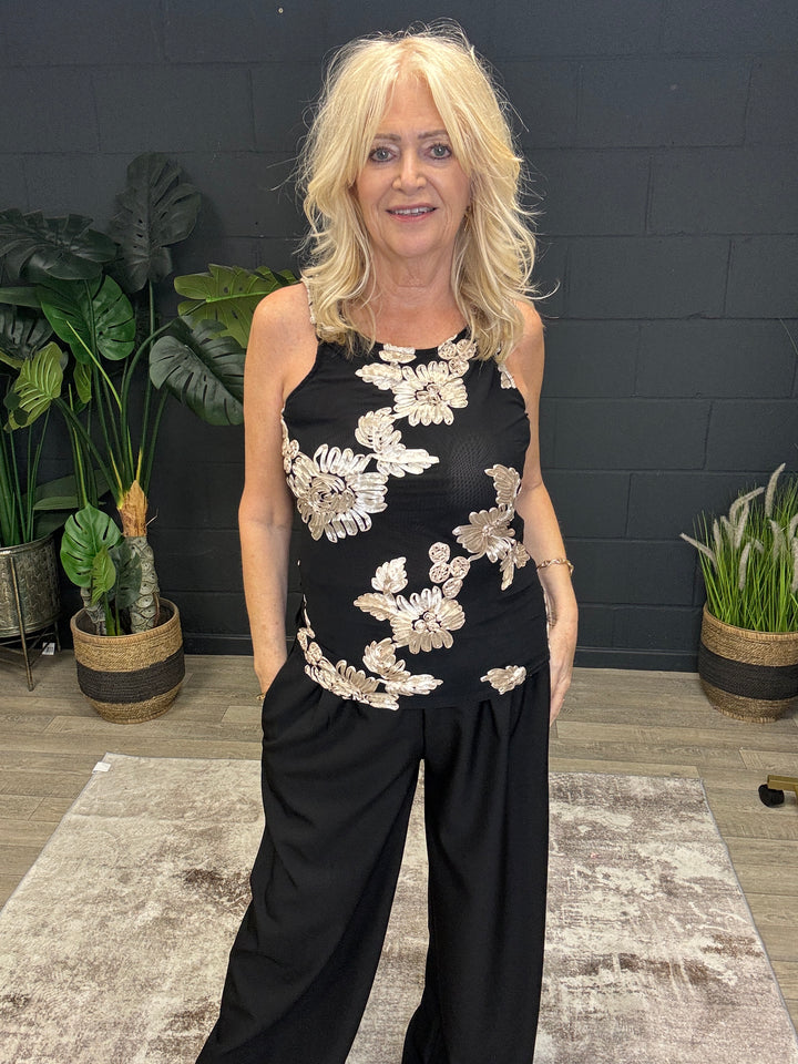 Floral Embossed Cami Top Black/Cream