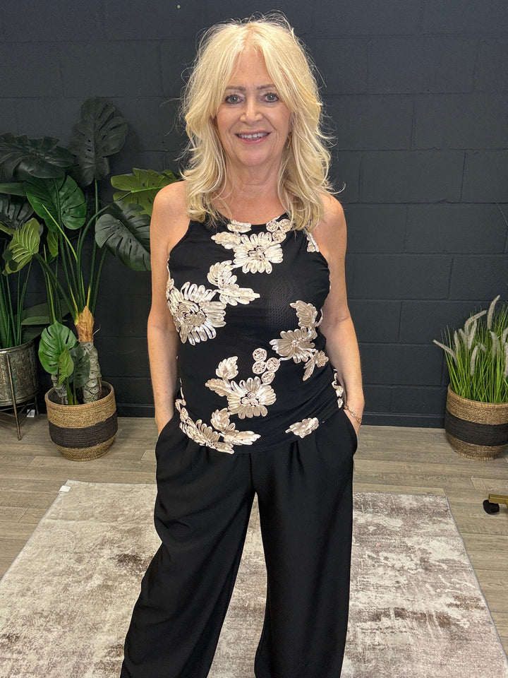 Floral Embossed Cami Top Black/Cream