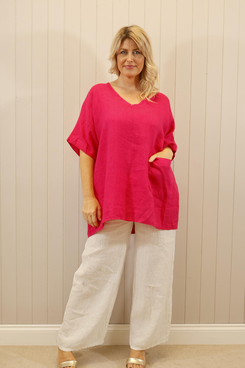 Linen Pocket V-Neck Top Orange